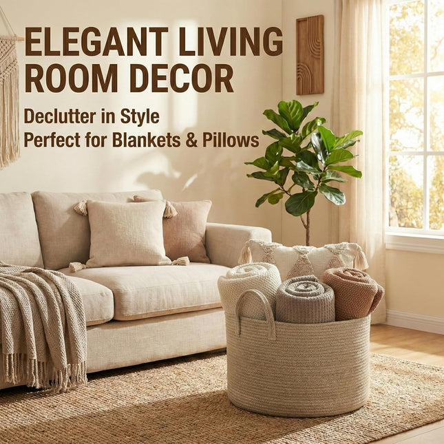 65L Extra Large Blanket Basket – Woven Cotton Rope Hamper for Pillows & Comforters