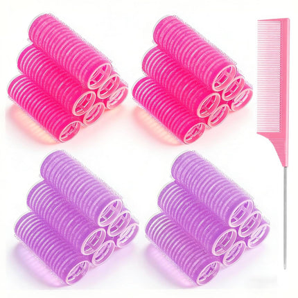 24PCS Self-Grip Hair Rollers 25mm, Heatless Curlers for Short Hair & Bangs, Rose Red & Purple