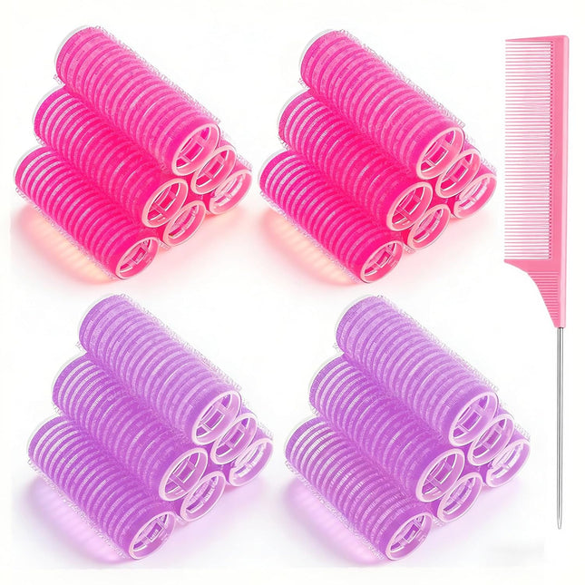 24PCS Self-Grip Hair Rollers 25mm, Heatless Curlers for Short Hair & Bangs, Rose Red & Purple