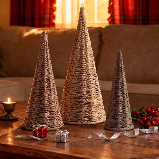 3pcs Woven Christmas Tree Decorations Natural Artificial Trees Home Décor & Party Tables