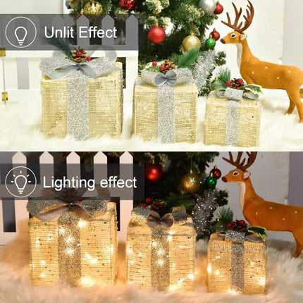Christmas Lighted Gift Boxes – Gold Linen, Pre-lit, Battery Operated Set