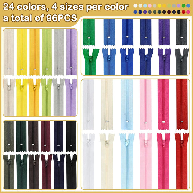72 Pcs Multicolor Nylon Coil Zippers for Sewing, 8, 12 & 16 Inch Craft Zipper Set