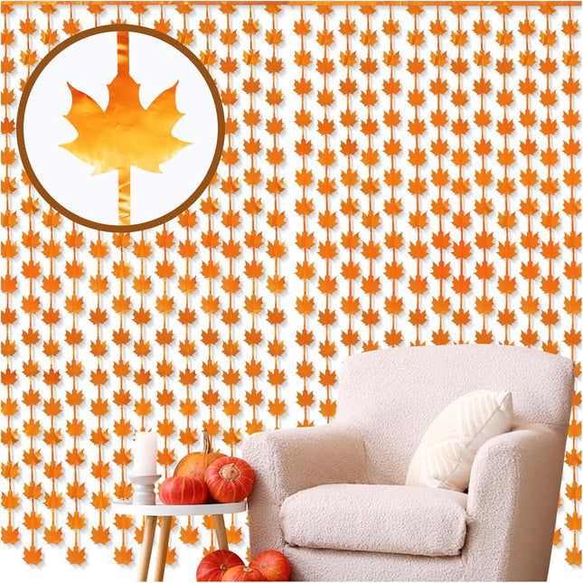 Orange Maple Leaves Foil Fringe Curtains 2 Pack Tinsel Backdrop for Fall and Birthday Parties