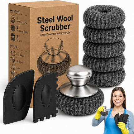 8-Piece Steel Wool Scrubber Set with Handle & Scraper for Pots, Pans & Grills