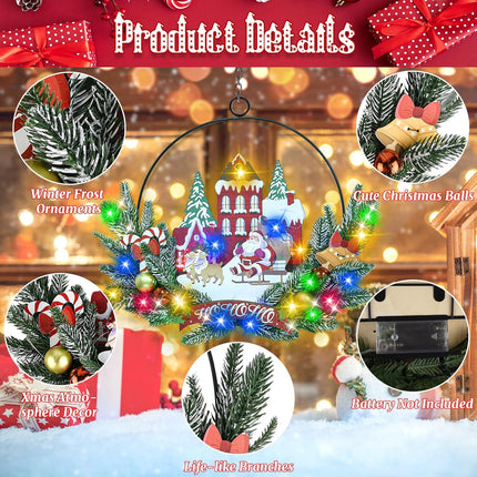 Christmas Front Door Wreath with Lights – Santa Welcome Sign, 30 LEDs
