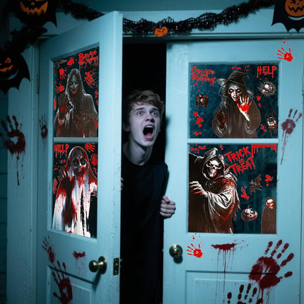 8-Sheet Halloween Bloody Window Clings, Zombie Hand & Footprint Stickers, Spooky Decor