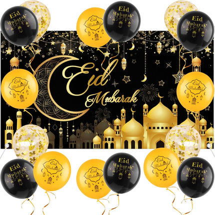 Eid Mubarak Backdrop Banner 6.5×3.6 Ft Black Gold + 16 Balloons