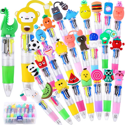 28PCS Fun Pens for Kids – 4-Color Ballpoint, Cartoon Animal, Mini Retractable Pens