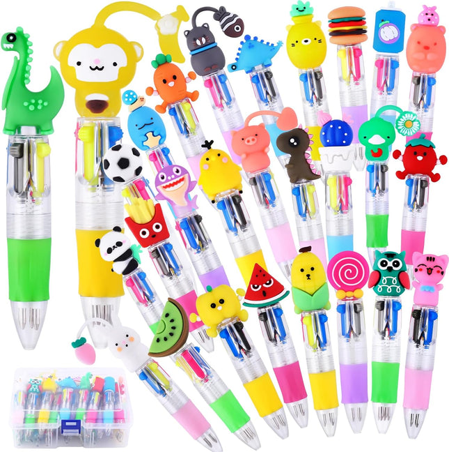 28PCS Fun Pens for Kids – 4-Color Ballpoint, Cartoon Animal, Mini Retractable Pens