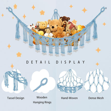 Stuffed Animal Storage Hammock – LED Light Plushie Net for Kids Room Decor (Baby Blue)
