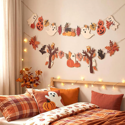 2-Piece Halloween Fall Ghost Pumpkin Maple Leaf Paper Banner Bunting Decor