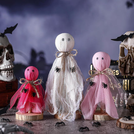 3-Piece Pink Ghost Halloween Table Decor, Rustic Wooden Stand Tiered Tray Centerpiece