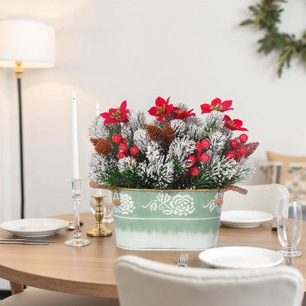Christmas Table Centerpiece Artificial Poinsettias Pine Berries Pine Cones