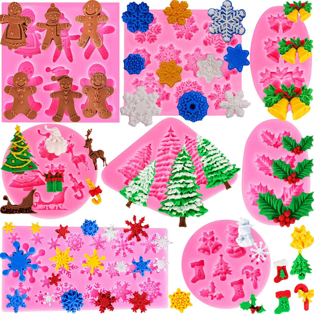 8PCS Christmas Silicone Molds – Snowflake, Tree, Reindeer & Holly Decor