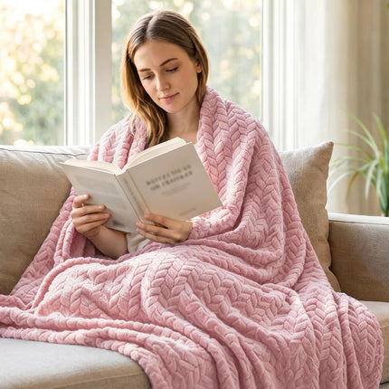 Pink Fleece Throw Blanket 50x70, Soft Plush Flannel Leaves Pattern, Couch Sofa Bed