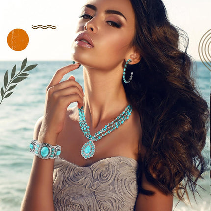 3 Pcs Western Bohemian Jewelry Set – Boho Pendant Choker, Leather Bracelet & Earrings