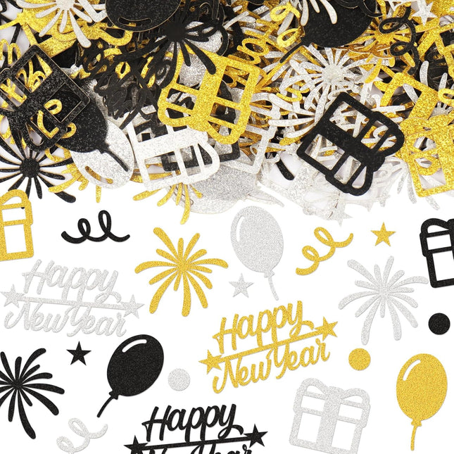 200-Piece New Year Table Confetti – Metallic Gold, Black & Silver Scatter