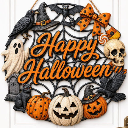 12x12in Halloween Wooden Wreath, Ghost Pumpkin Black Cat Happy Halloween Door Decor
