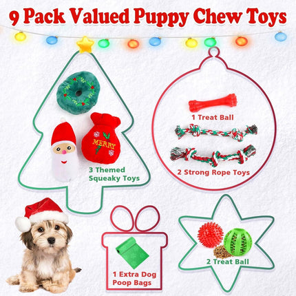 9PCS Christmas Dog Toys – Santa Plush, Rope, Ball & Teething Toys Set