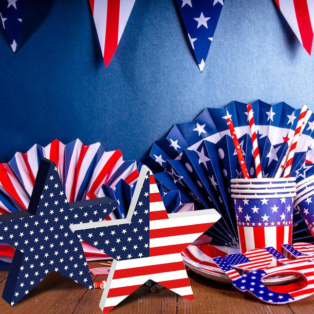 3 Pcs Patriotic Wooden Star Signs 4th of July Red White Blue Table Decor