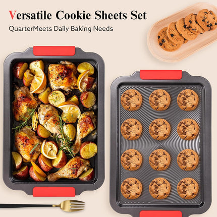 16x11in Nonstick Baking Sheet with Circle Grooves, Cookie Pan with Red Grips, Gray