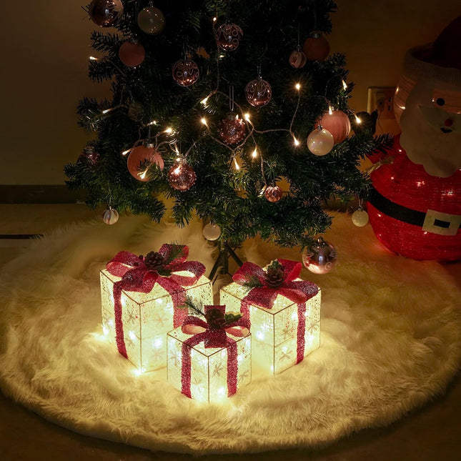 3PCS Christmas Lighted Gift Boxes – Battery Operated with Warm White LED Lights