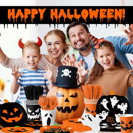 Halloween Party Tableware Set, Pumpkin Ghost Paper Plates, Cups & Napkins