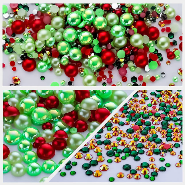 60g Christmas Pearls & Rhinestones Set | Mixed Sizes 3-10mm for Crafts & Face Art
