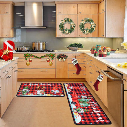 2-Pc Christmas Kitchen Mats Set, Buffalo Plaid & Gnome Truck, 17"x30" + 17"x47"