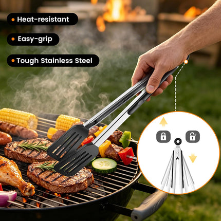4PCS Silicone BBQ Spatula Set, 12" Grill Tongs, Pancake, Steak & Burger Tools