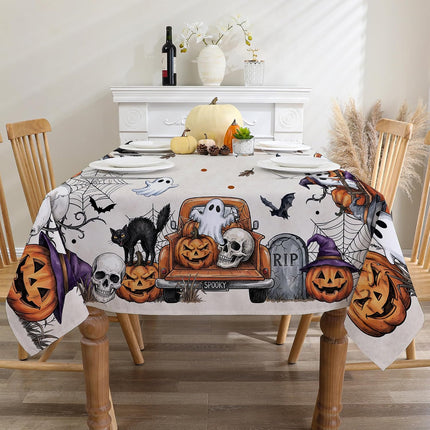 Halloween Tablecloth 60x84in, Ghost, Spider Web & Jack-O-Lantern Spooky Decor