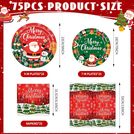 75PCS Christmas Plates and Napkins Set, Christmas Paper Plates Disposable Santa Snowman Dinnerware Set for Xmas Holiday Party Supplies Table Decor