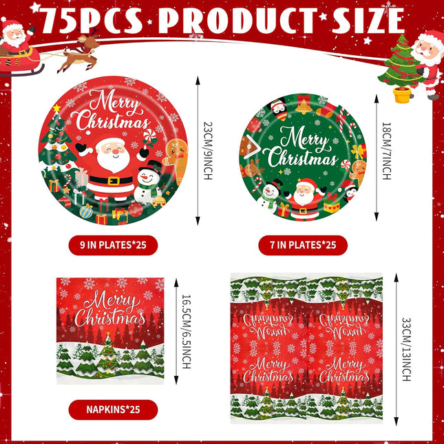 75PCS Christmas Plates and Napkins Set, Christmas Paper Plates Disposable Santa Snowman Dinnerware Set for Xmas Holiday Party Supplies Table Decor