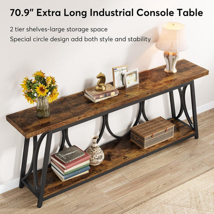 Rustic Brown Console Table, 2-Tier Storage, Narrow Entryway Sofa Table