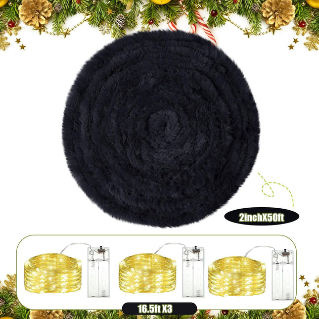 LED Lighted Fur Garland 50ft – Black Furry Xmas Tree Ribbon Decoration