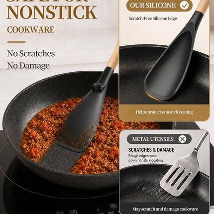 2 Pack Silicone Cooking Spoon with Wooden Handle, Heat Resistant Nonstick Safe