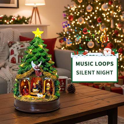 Christmas Nativity Scene – Lighted & Animated Manger with LED Musical Angel Family Figurines