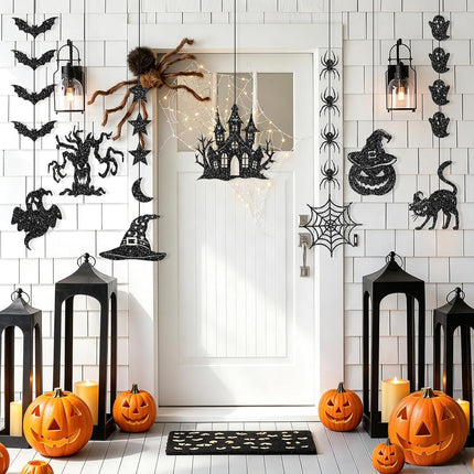 Glitter Black Halloween Garland, Witch Hat Ghost Pumpkin Bat Spider Hanging Banner