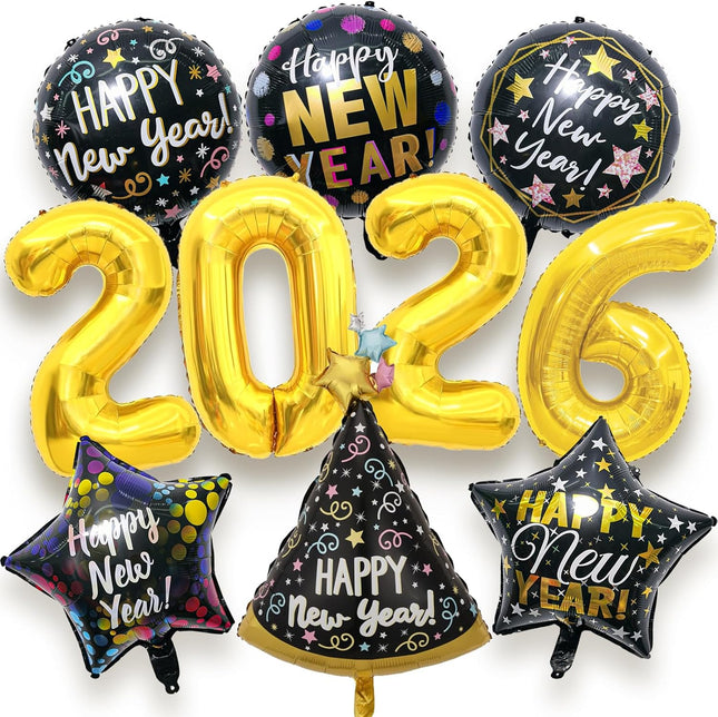 Happy New Year 2026 Foil Balloons – 10-Pc NYE Party Decoration Set
