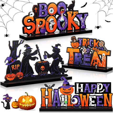 4-Piece Halloween Wooden Table Signs, BOO Trick or Treat Pumpkin Witch Centerpieces