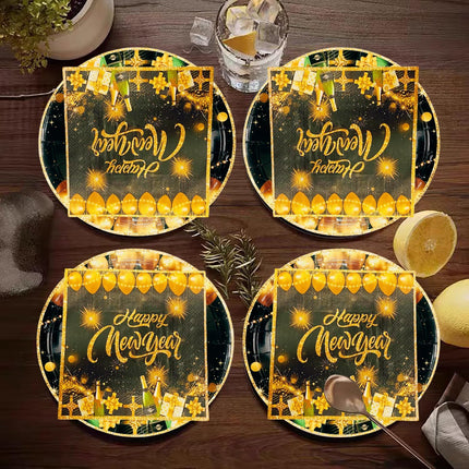 48-Piece Happy New Year Disposable Tableware – Gold Plates & Napkins