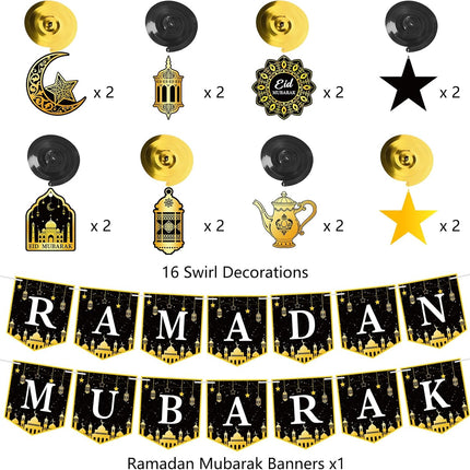 34Pcs Ramadan Decorations – Eid Mubarak Banner, Star, Moon & Lantern Hanging Swirls