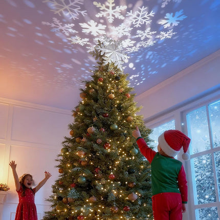 Christmas Tree Topper Silver Snowflake Projector, LED Rotating Snowflake Holiday Magic