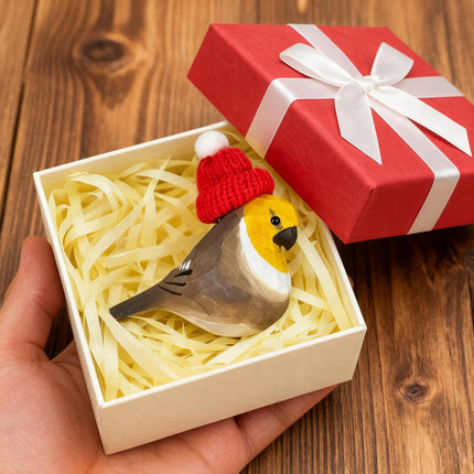Hand-Carved Christmas Bird – Wood Cockatiel Ornament with Red Knit Hat