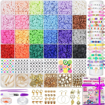 24 Color Clay Beads Bracelet Making Kit with Charms, DIY Heishi Jewelry Set