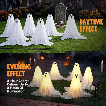 6-Pack 18in White Halloween Ghost Solar Lights, Yard Stakes for Lawn & Garden Decor