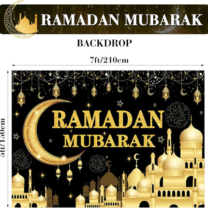 7x5 FT Ramadan Mubarak Backdrop – Black & Gold Crescent Moon & Mosque Design