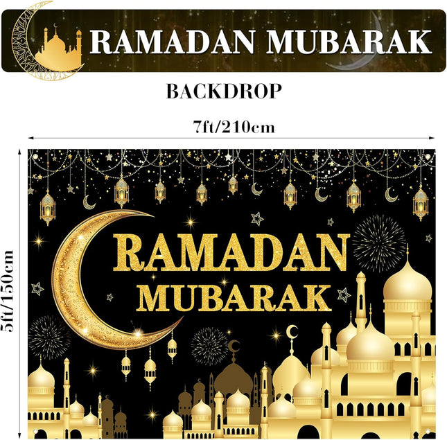 7x5 FT Ramadan Mubarak Backdrop – Black & Gold Crescent Moon & Mosque Design