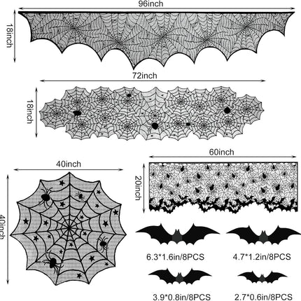 5-Piece Halloween Lace Decor Set, Spiderweb Table Runner, Mantel Scarf & 3D Bats