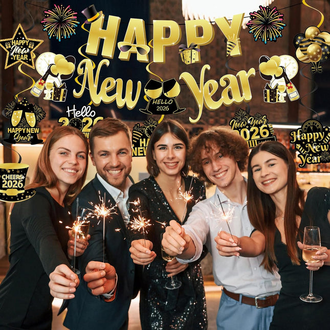 Happy New Year 2026 Party Decorations – Black & Gold Banner & Ceiling Swirls